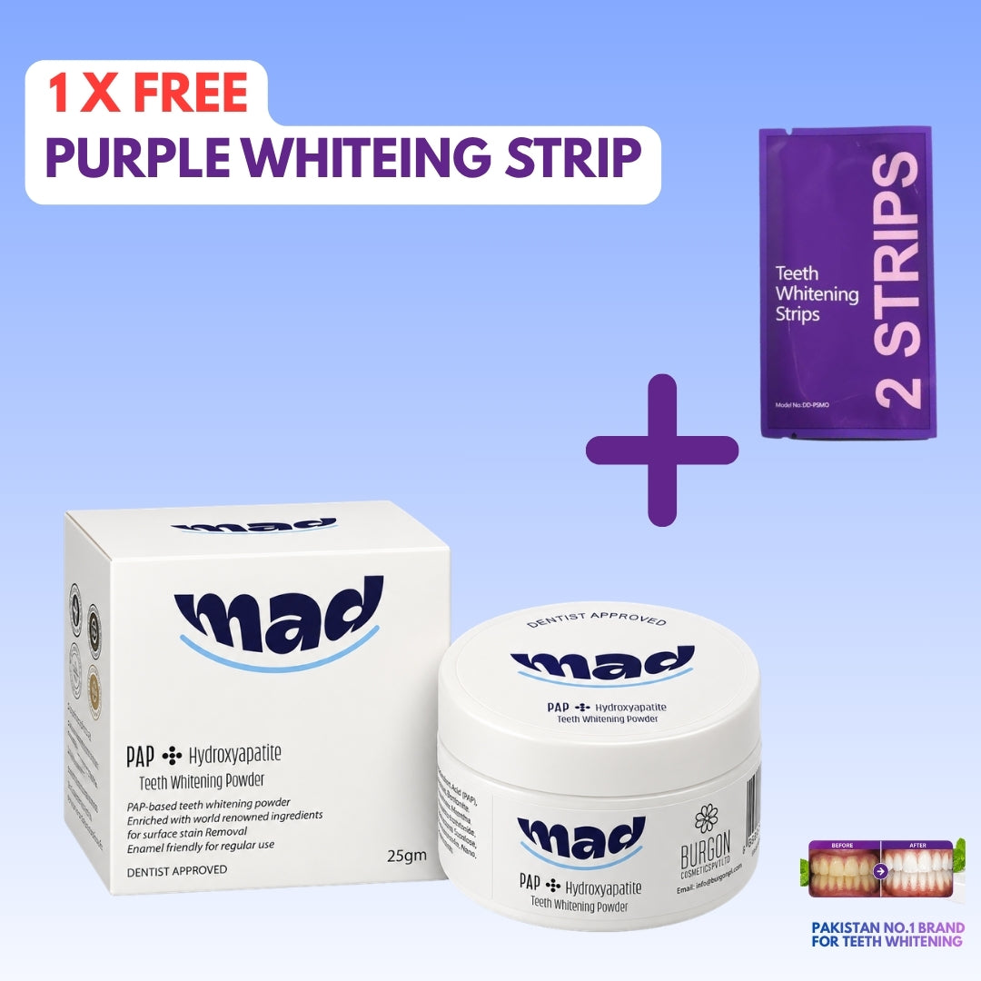 MAD Dental Best Seller Whitening Powder + FREE Purple Colour Corrector Strip (15 Lac+ Orders Dispatched 🏆)
